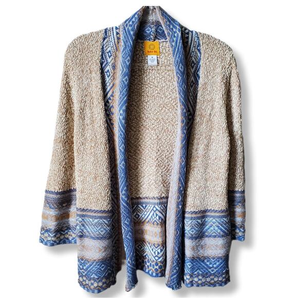 Ruby Rd. Sweaters - Women Beige Blue Aztec Knit Cardigan Sweater M Cotton Coastal Cowgirl Western